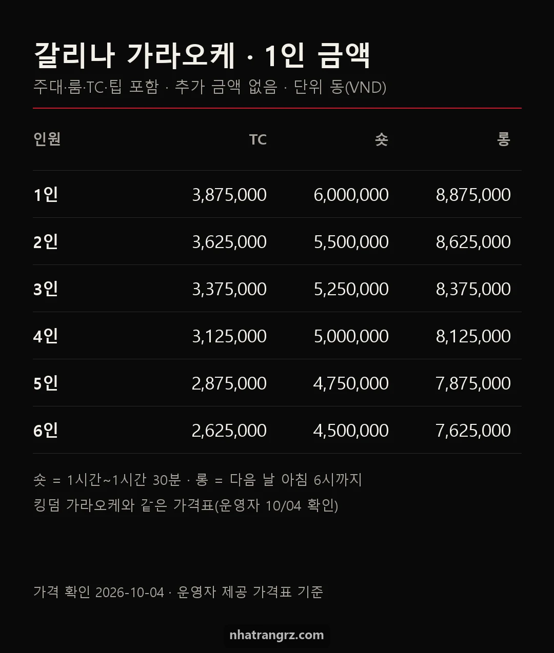 갈리나 가라오케 가격표